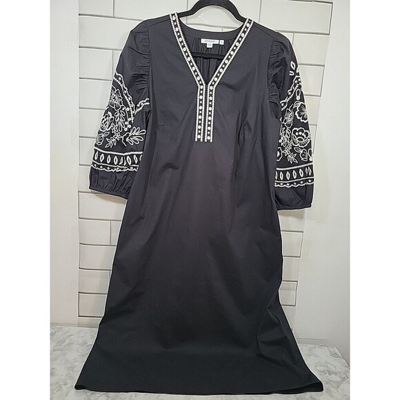 Chico’s Womens Sz 8 Black Embroidered Boho Tunic Dress Puff Sleeve Romantic Goth - Picture 1 of 7